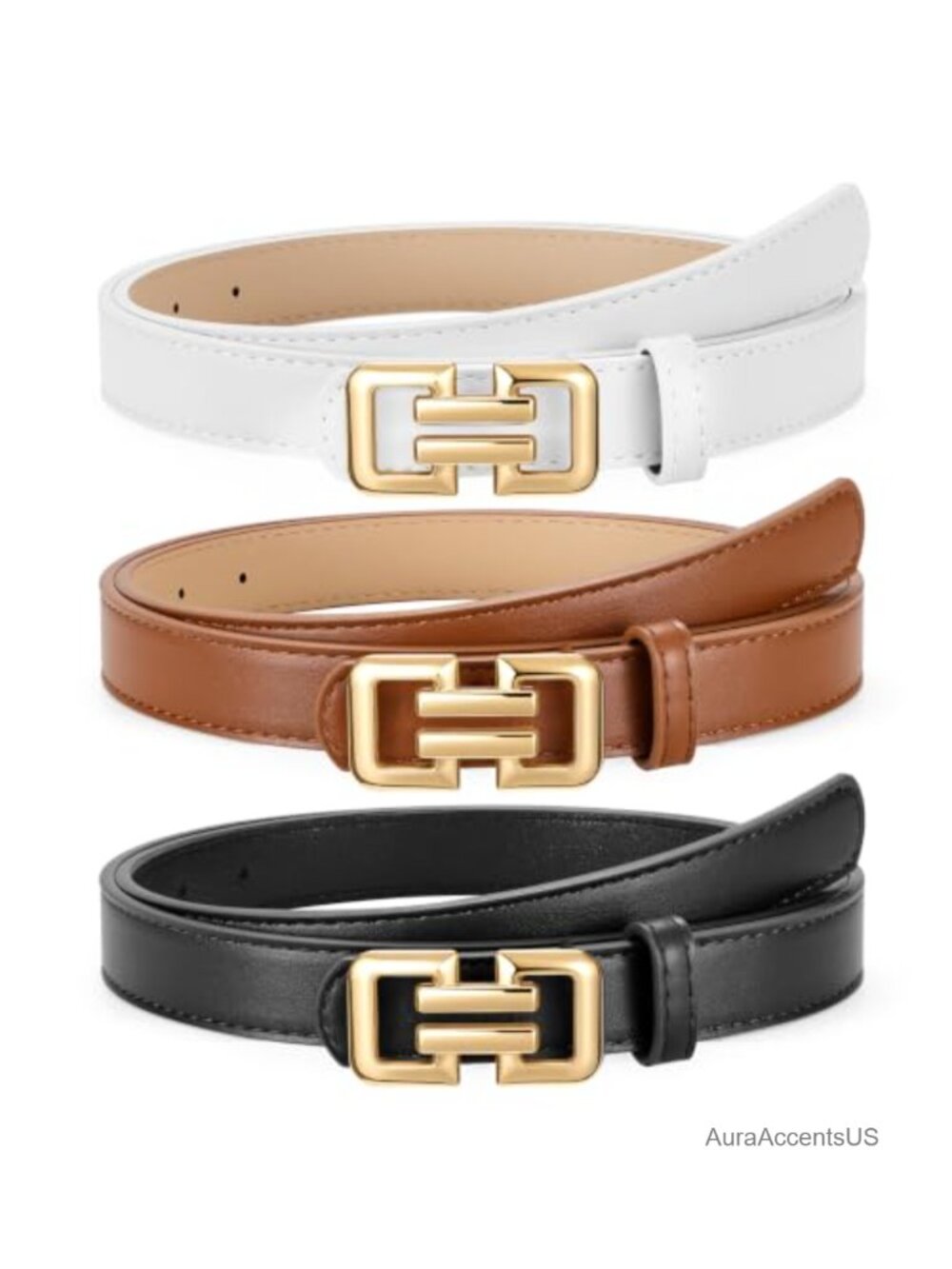 3 Pack Women Faux Leather Belts with Gold H Clip Buckle